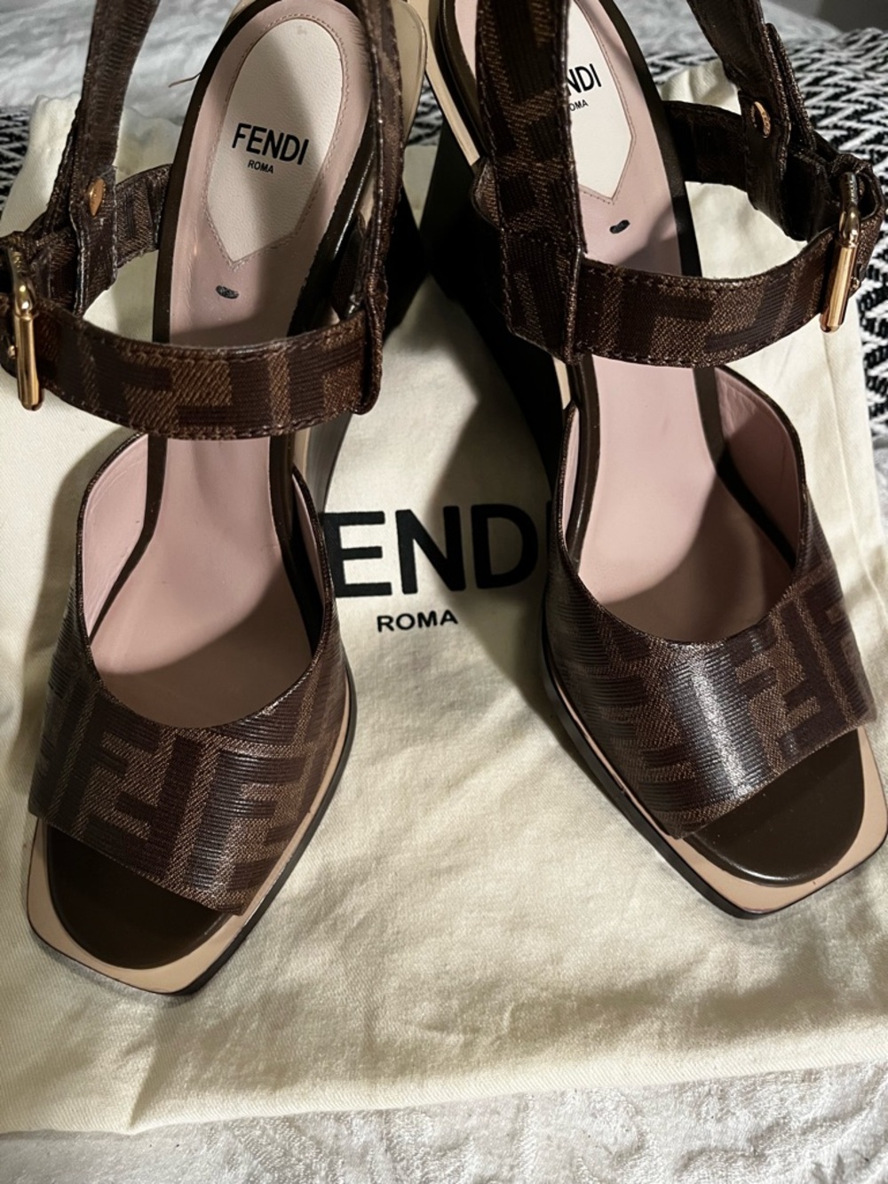 Fendi Brown FF Logo Slingback Wedge Sandals - Picture 2 of 4